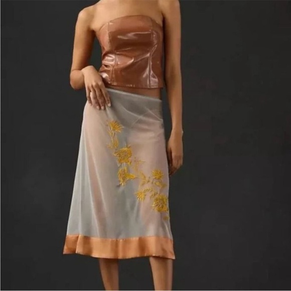 Anthropologie Sheer Midi Skirt with Yellow Floral Embroidery XL
